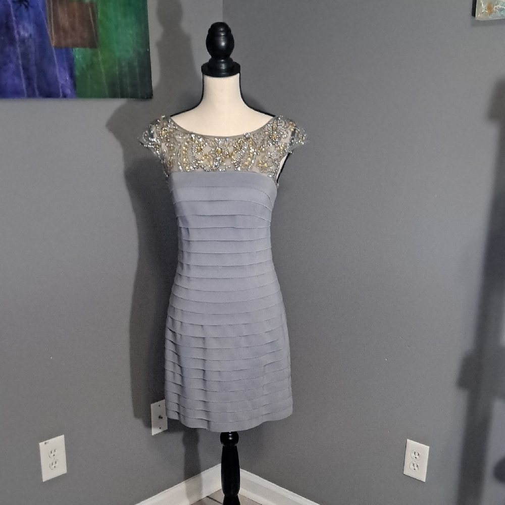 Sherri Hill Vintage Gray Bandage Dress with Gold Accents